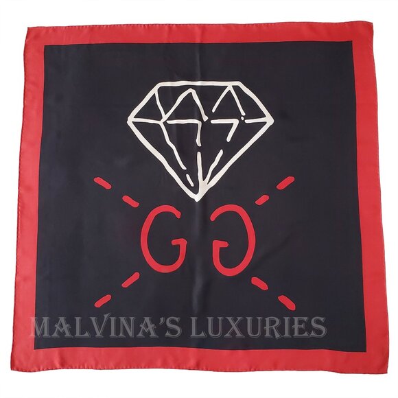 GUCCI SCARF LOGO DIAMOND PRINT BLACK SILK RED BORDER SQUARE 35" - Picture 2 of 10